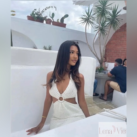 Lena Vie Knitted Maxi Coverup Dress In White With Cut Out Details & Low Back - Picture 2 of 14